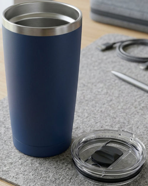Rcvjn Seventeen Ounce Tapered Vacuum Tumbler with Linear Slider Lid Navy - Lifestyle view